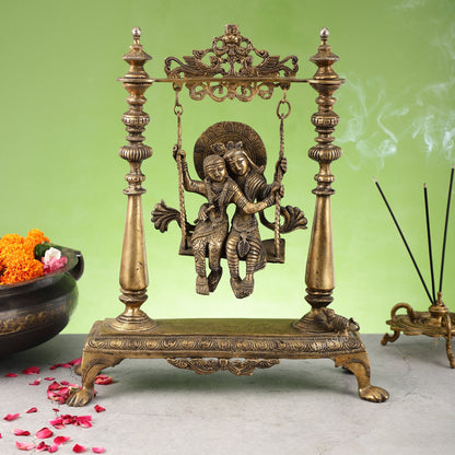 Antique Brass Radha Krishna Swing (Jhula) Idol | Height 15.5 inch