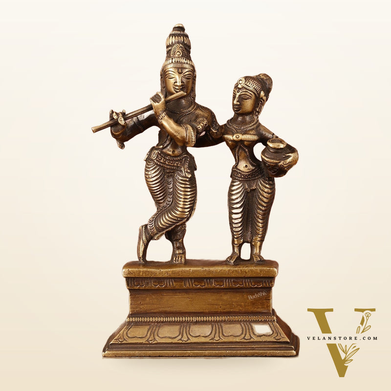 Antique Brass Small Radha Krishna Idol - 6.5" Tall