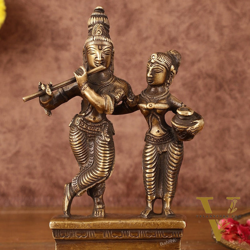 Antique Brass Small Radha Krishna Idol - 6.5" Tall
