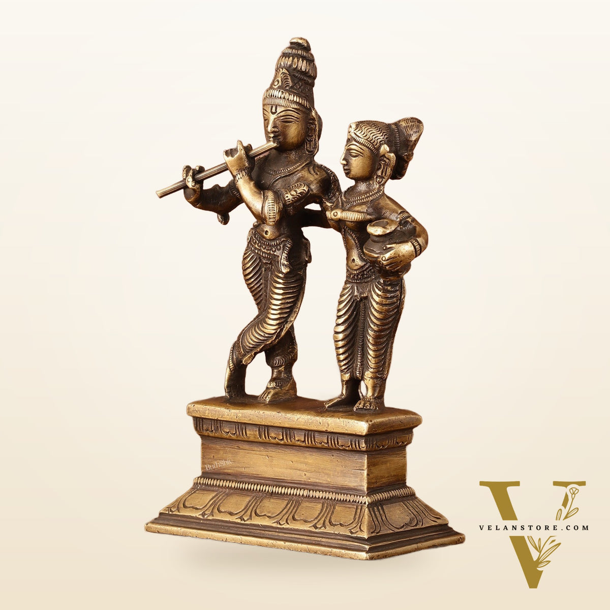 Antique Brass Small Radha Krishna Idol - 6.5" Tall