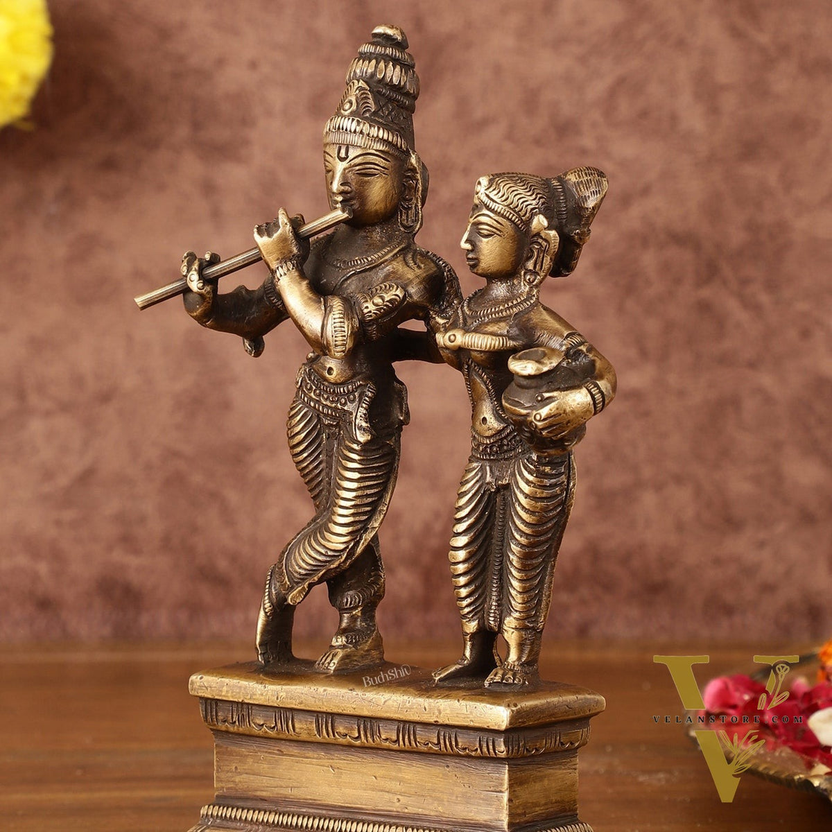 Antique Brass Small Radha Krishna Idol - 6.5" Tall