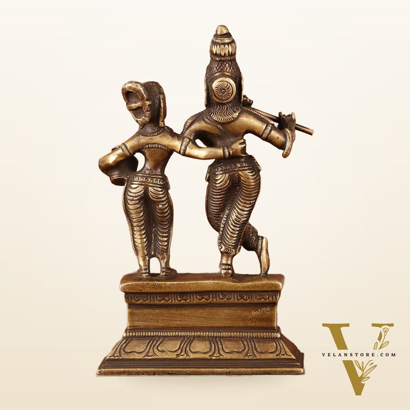 Antique Brass Small Radha Krishna Idol - 6.5" Tall