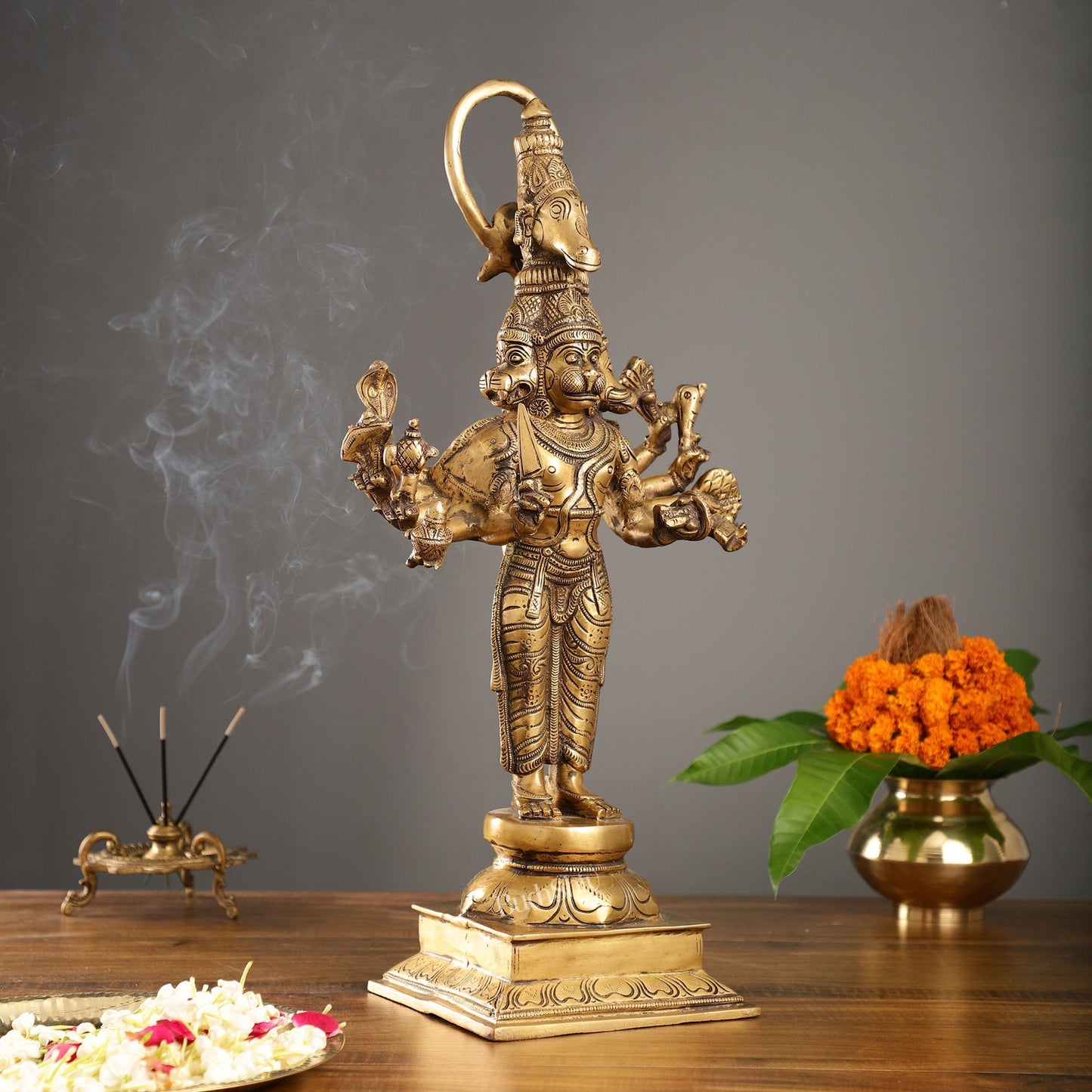 Antique Brass Standing Lord Panchmukhi Hanuman Statue 22 inch