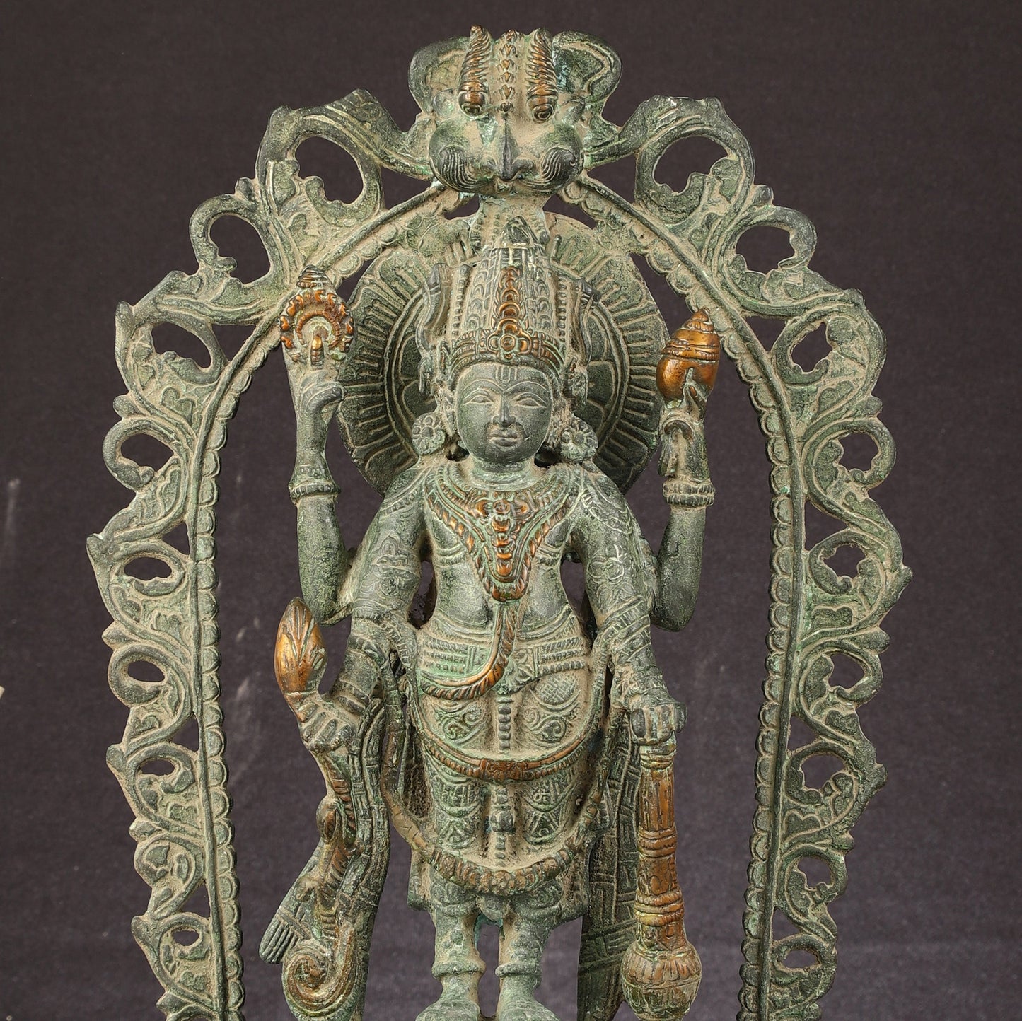 Antique Brass Standing Lord Vishnu Statue with Prabhavali - 16 inch