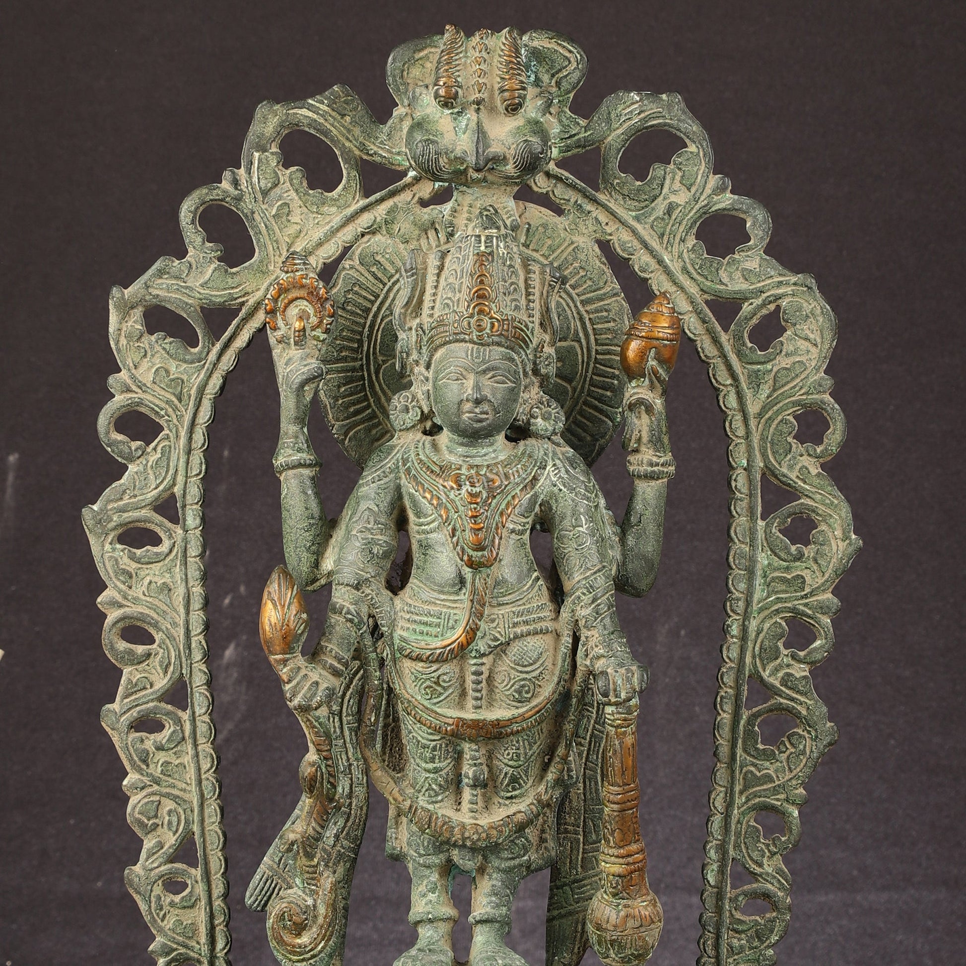 Antique Brass Standing Lord Vishnu Statue with Prabhavali - 16 inch