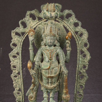 Antique Brass Standing Lord Vishnu Statue with Prabhavali - 16 inch
