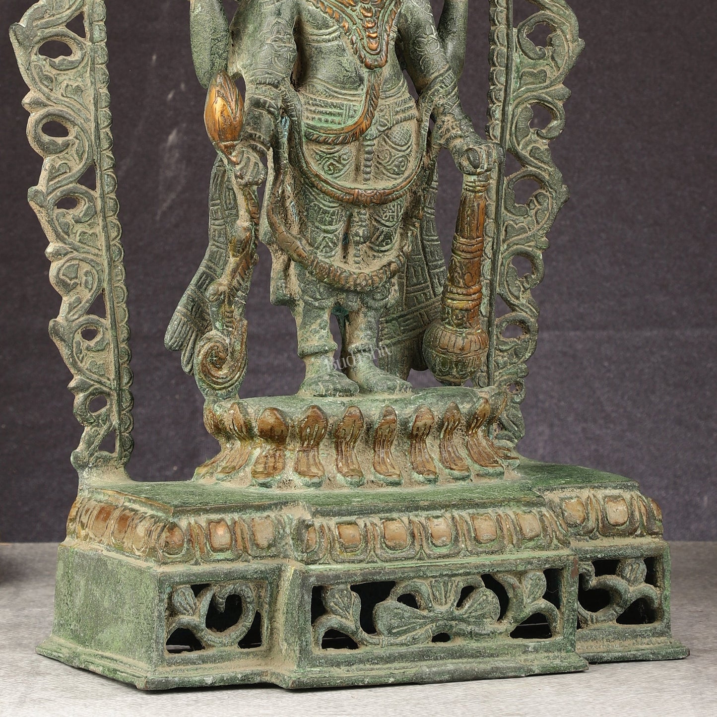 Antique Brass Standing Lord Vishnu Statue with Prabhavali - 16 inch