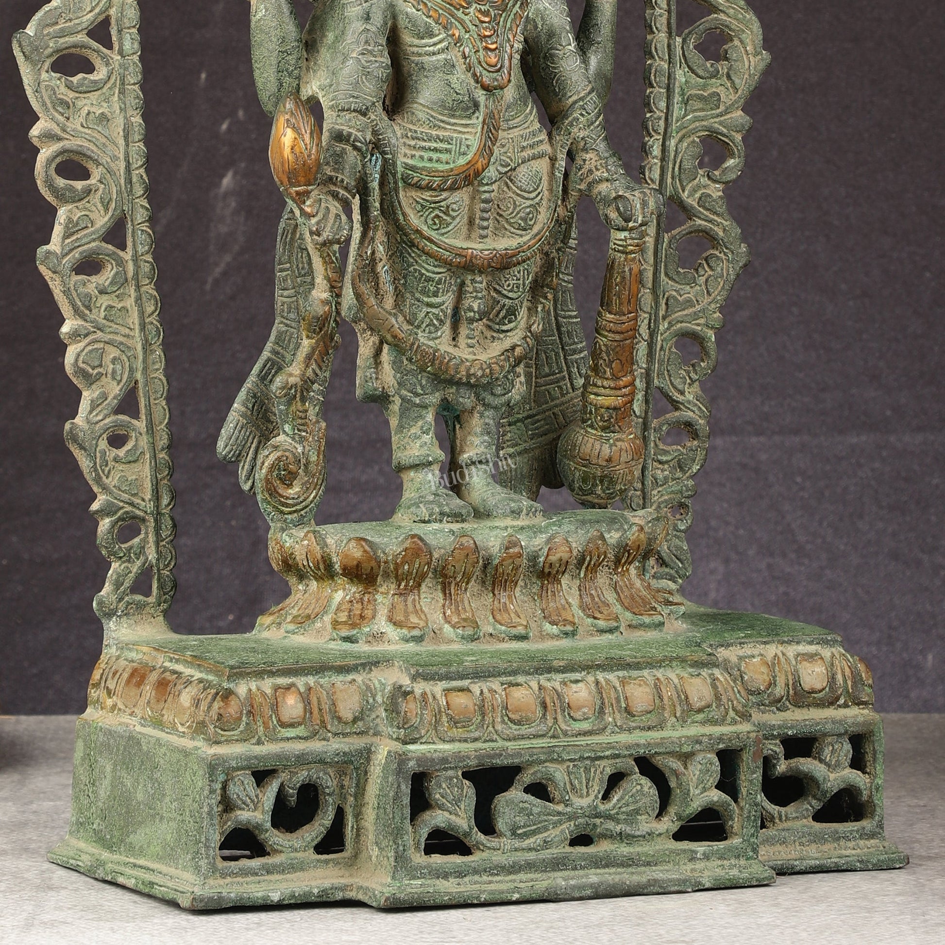 Antique Brass Standing Lord Vishnu Statue with Prabhavali - 16 inch
