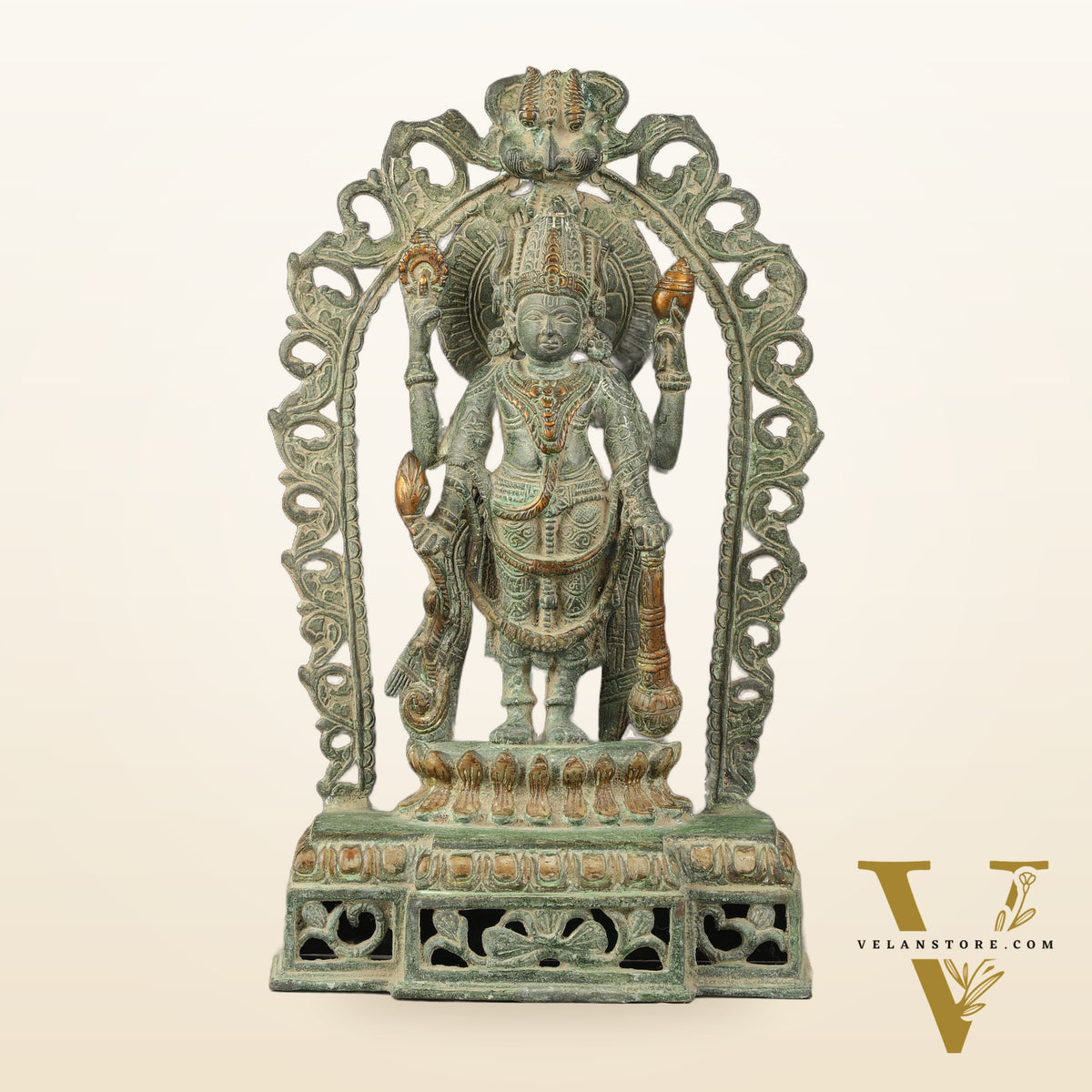 Antique Brass Standing Lord Vishnu Statue with Prabhavali - 16 inch