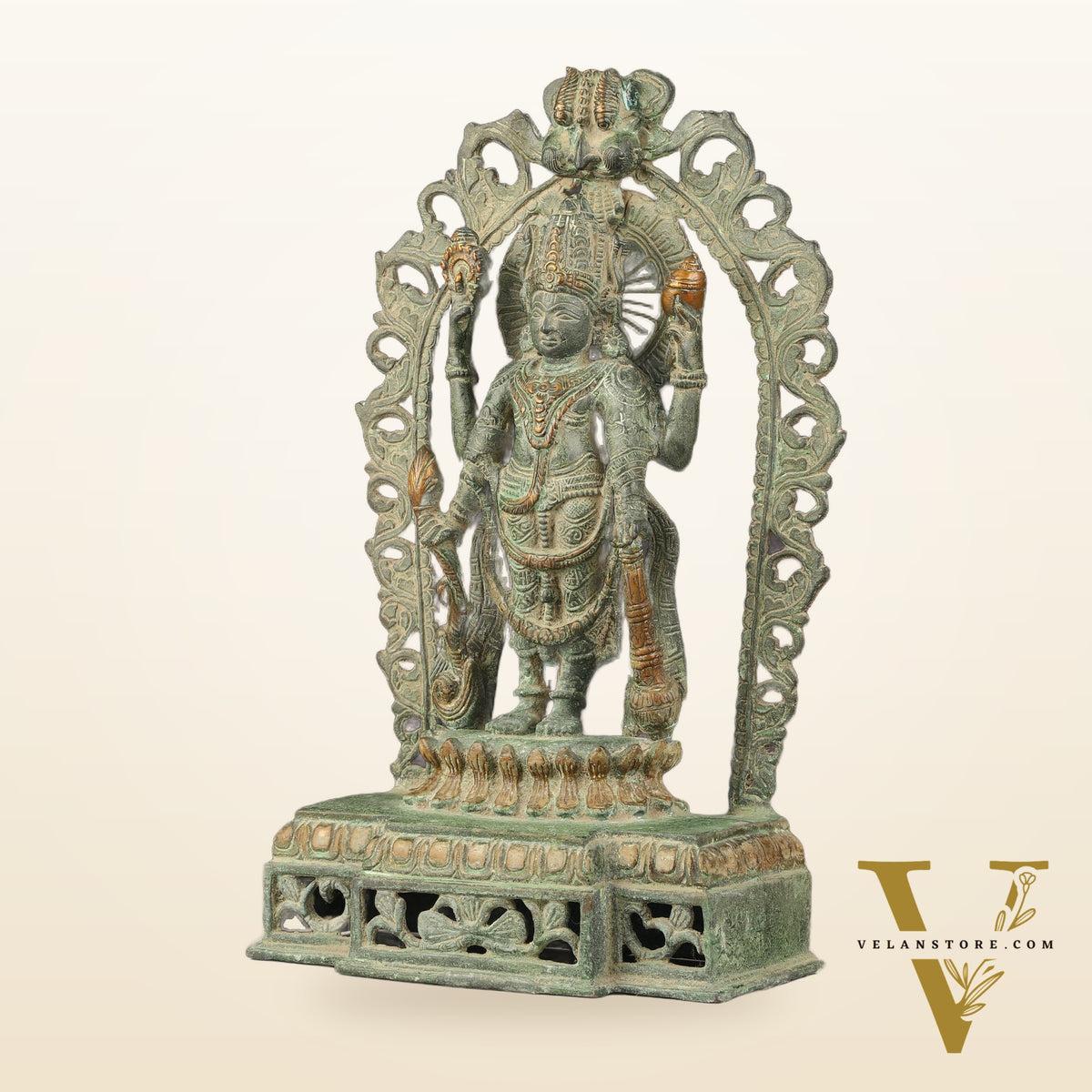 Antique Brass Standing Lord Vishnu Statue with Prabhavali - 16 inch