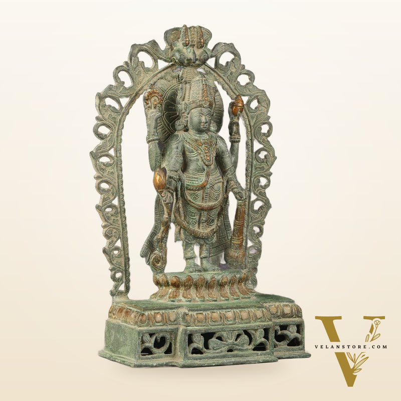 Antique Brass Standing Lord Vishnu Statue with Prabhavali - 16 inch