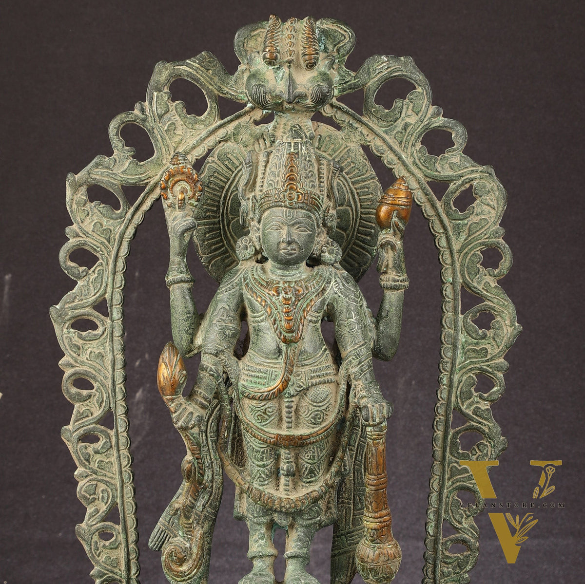Antique Brass Standing Lord Vishnu Statue with Prabhavali - 16 inch