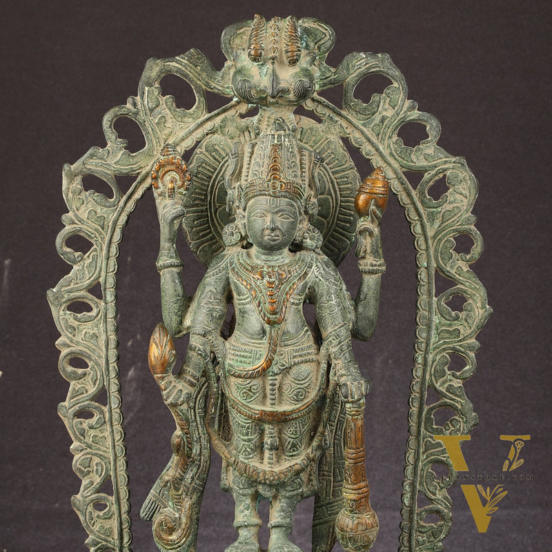 Antique Brass Standing Lord Vishnu Statue with Prabhavali - 16 inch