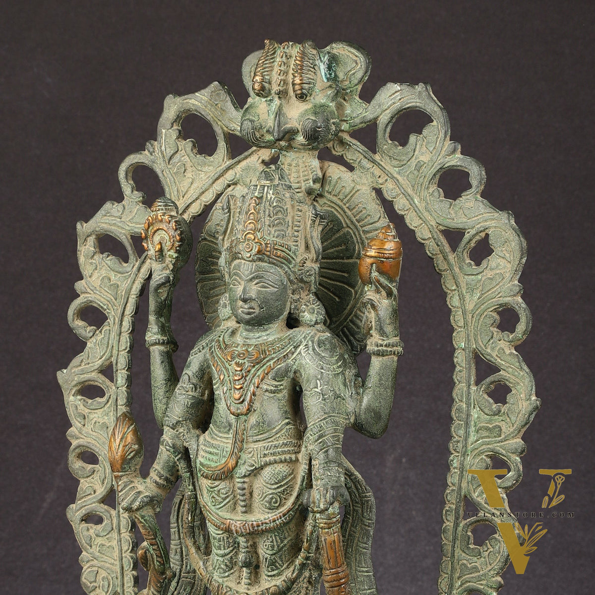 Antique Brass Standing Lord Vishnu Statue with Prabhavali - 16 inch