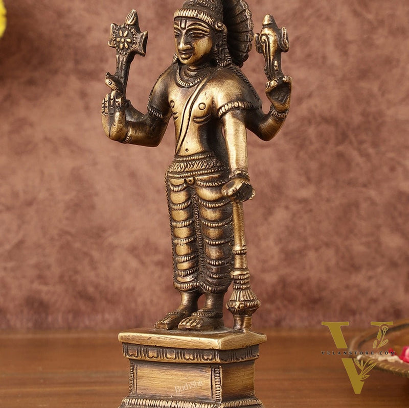 Antique Brass Standing Vishnu Idol - 7" Tall