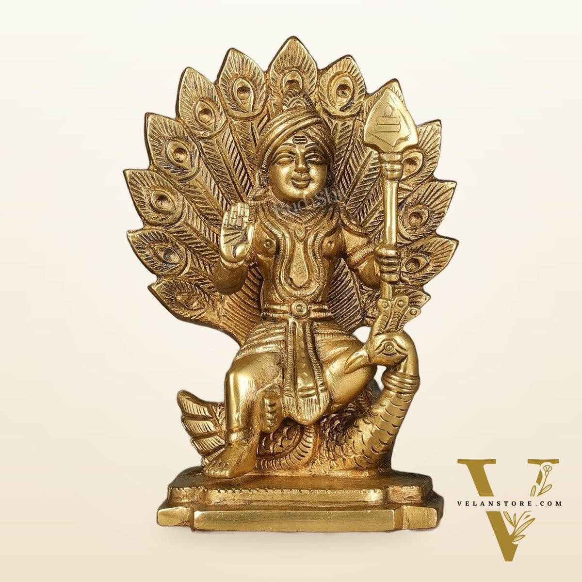 Antique Brass Superfine Kartikeya Lord Murugan Idol Seated on Peacock | Height 6 inch