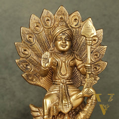 Antique Brass Superfine Kartikeya Lord Murugan Idol Seated on Peacock | Height 6 inch