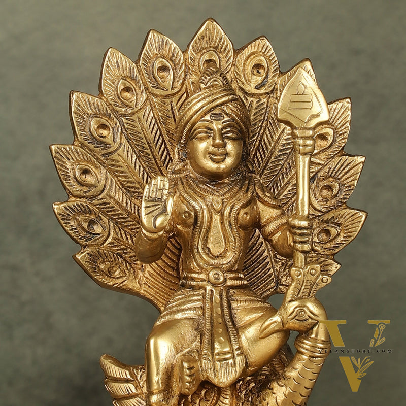 Antique Brass Superfine Kartikeya Lord Murugan Idol Seated on Peacock | Height 6 inch