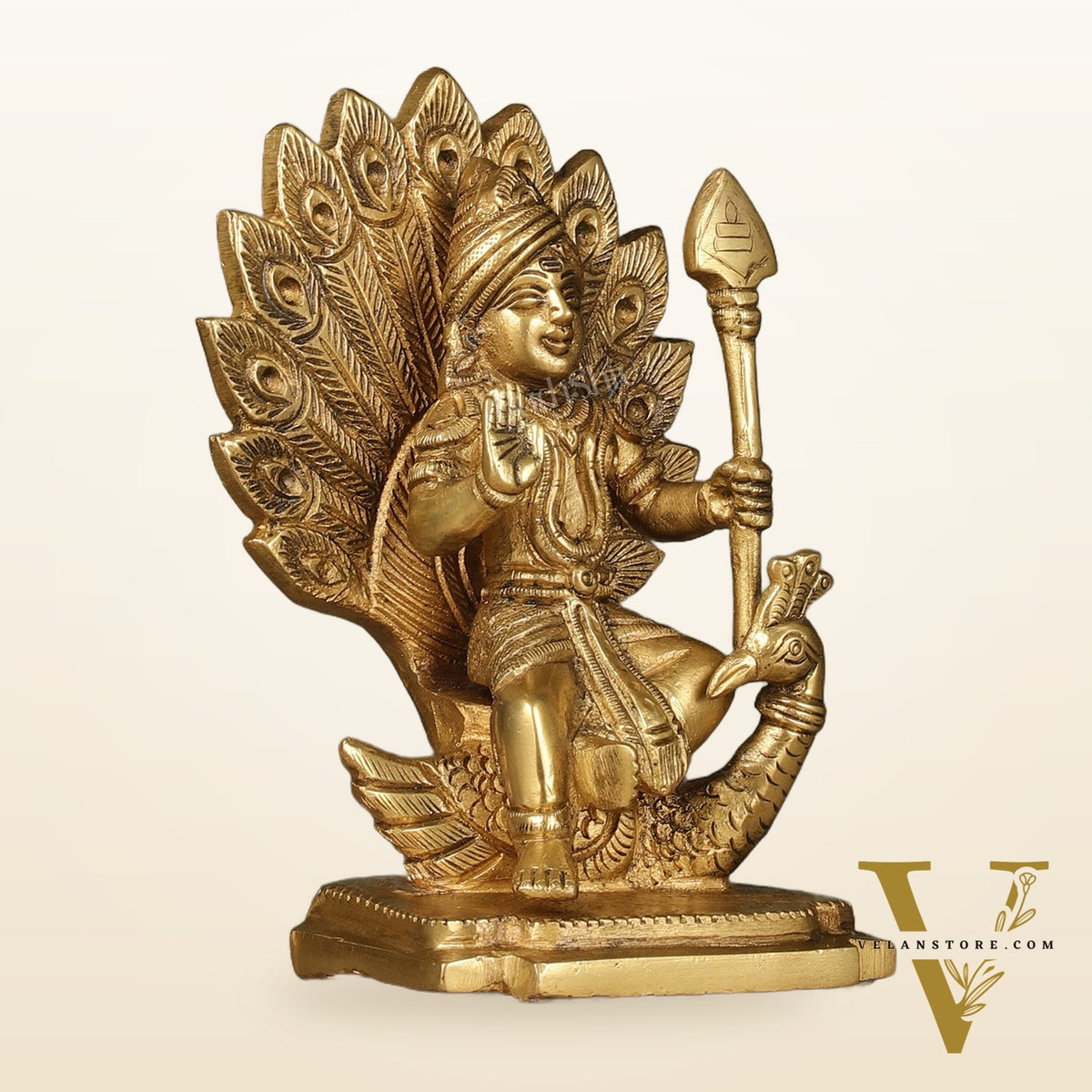 Antique Brass Superfine Kartikeya Lord Murugan Idol Seated on Peacock | Height 6 inch