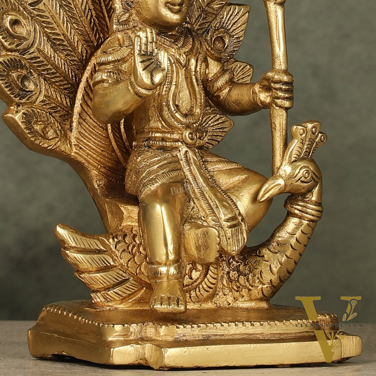 Antique Brass Superfine Kartikeya Lord Murugan Idol Seated on Peacock | Height 6 inch