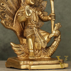 Antique Brass Superfine Kartikeya Lord Murugan Idol Seated on Peacock | Height 6 inch
