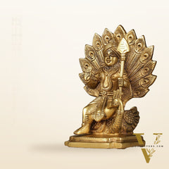 Antique Brass Superfine Kartikeya Lord Murugan Idol Seated on Peacock | Height 6 inch