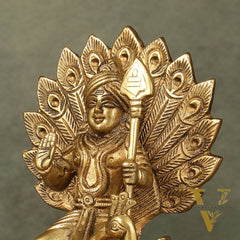 Antique Brass Superfine Kartikeya Lord Murugan Idol Seated on Peacock | Height 6 inch