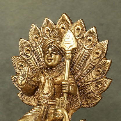 Antique Brass Superfine Kartikeya Lord Murugan Idol Seated on Peacock | Height 6 inch
