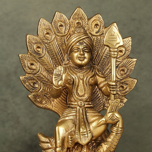 Antique Brass Superfine Kartikeya Lord Murugan Idol Seated on Peacock | Height 6 inch
