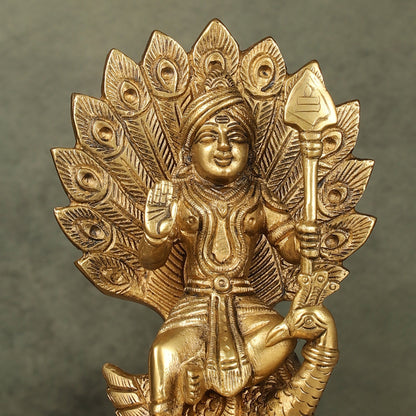Antique Brass Superfine Kartikeya Lord Murugan Idol Seated on Peacock | Height 6 inch