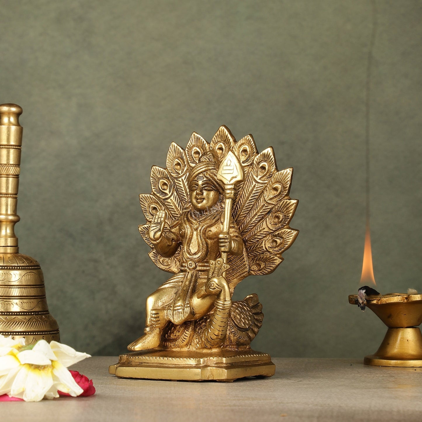 Antique Brass Superfine Kartikeya Lord Murugan Idol Seated on Peacock | Height 6 inch