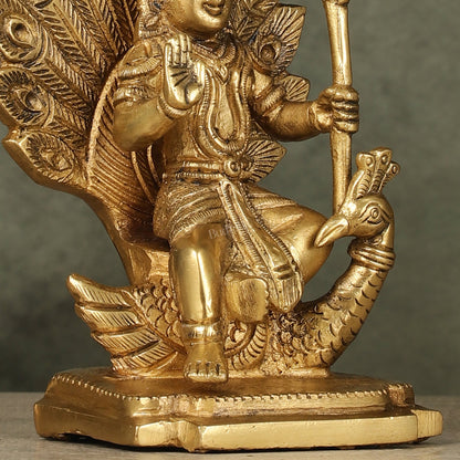 Antique Brass Superfine Kartikeya Lord Murugan Idol Seated on Peacock | Height 6 inch