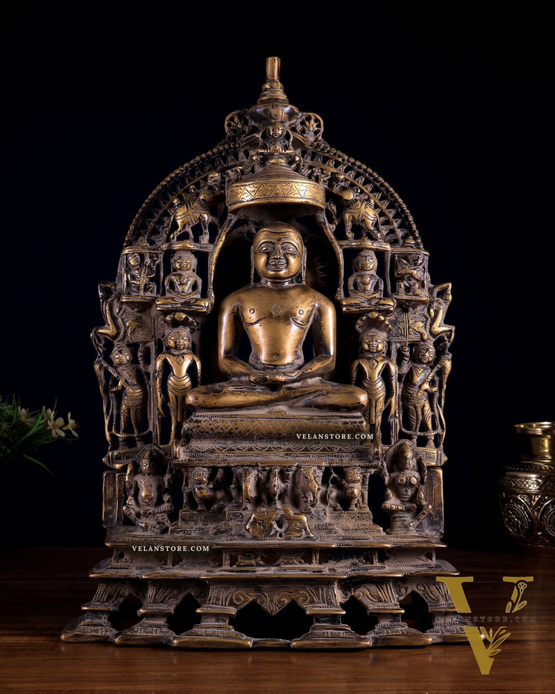 Antique Bronze Mahavir Ji with Jain Tirthankaras | Rustic Handcrafted Sculpture 16 inch