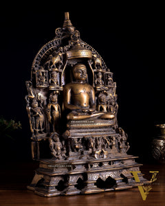 Antique Bronze Mahavir Ji with Jain Tirthankaras | Rustic Handcrafted Sculpture 16 inch