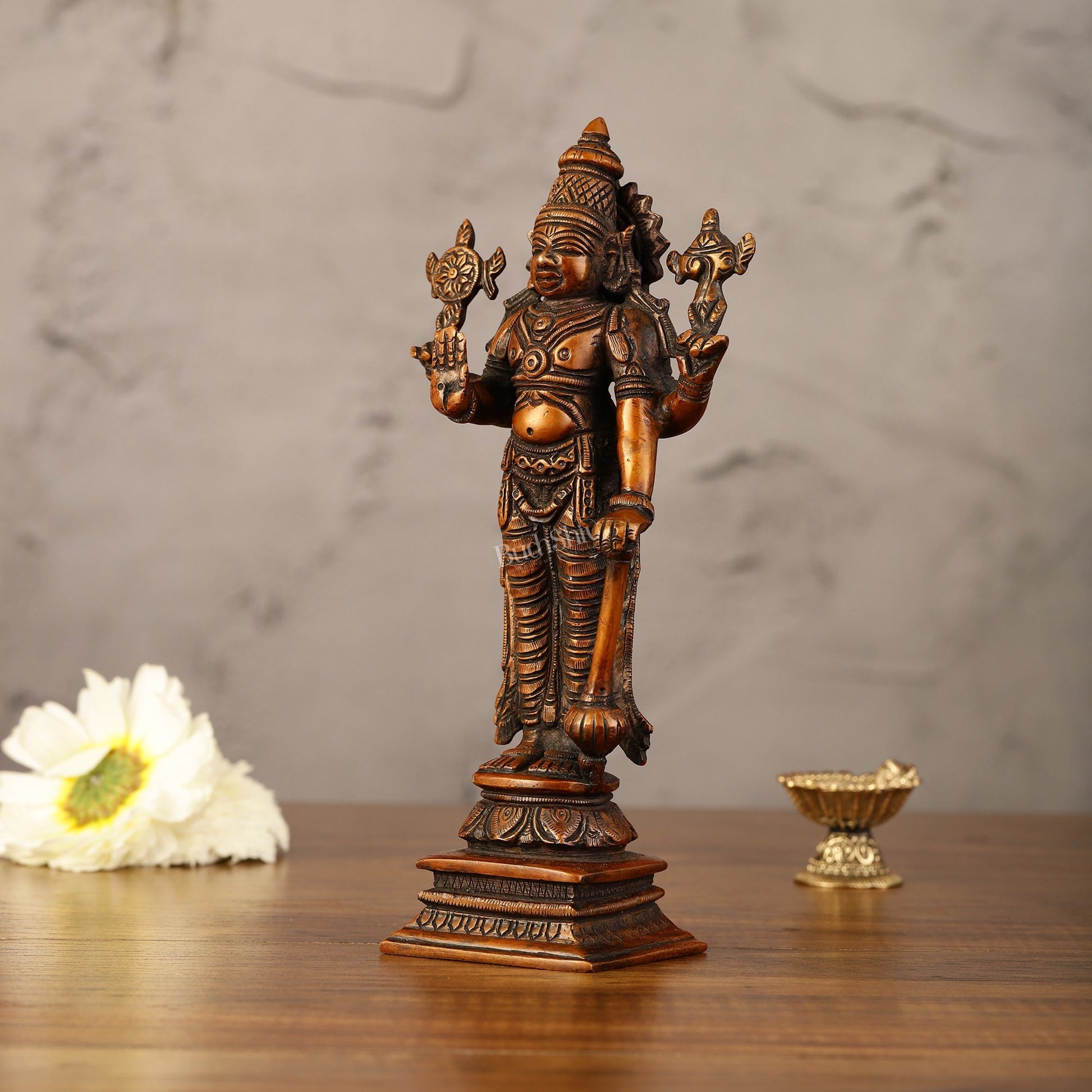 Antique Bronze Touch Brass Standing Vishnu Idol - 8