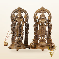 Antique Chola Style Pure Brass Lord Vishnu and Goddess Lakshmi Statues | 16 inch