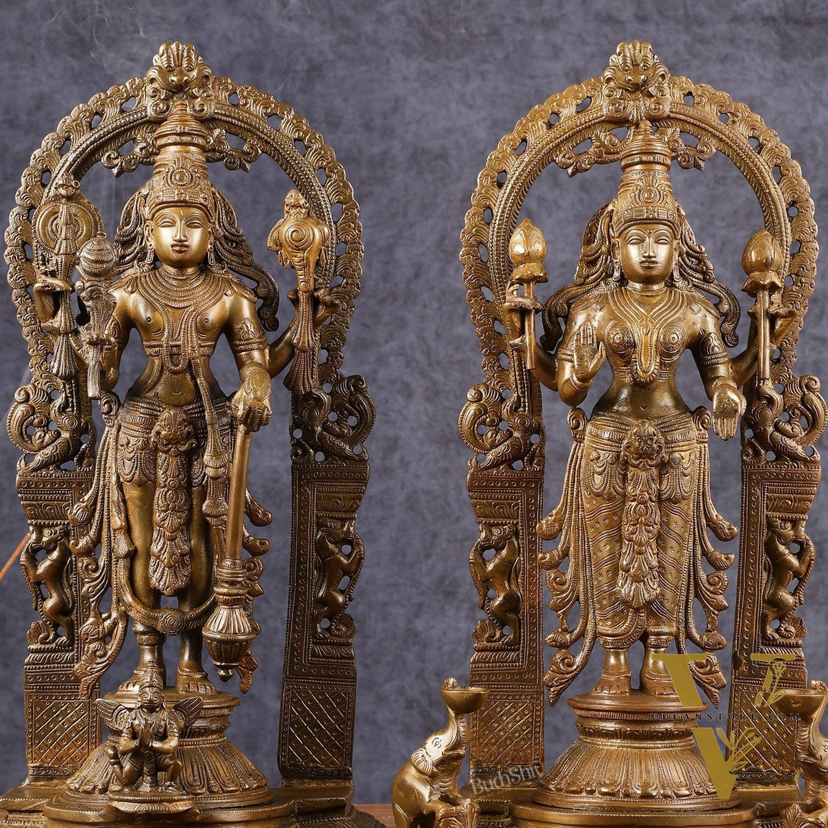 Antique Chola Style Pure Brass Lord Vishnu and Goddess Lakshmi Statues | 16 inch