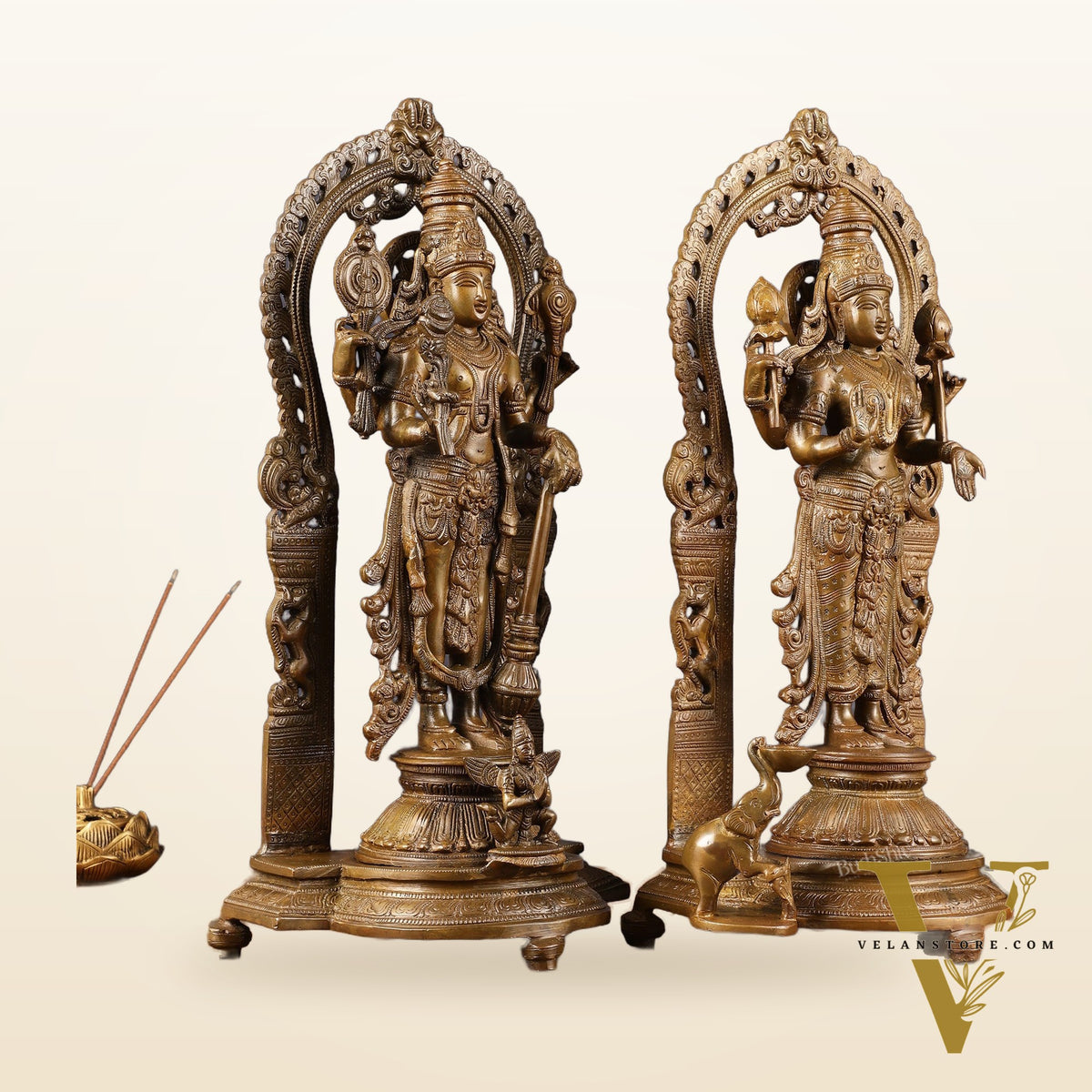 Antique Chola Style Pure Brass Lord Vishnu and Goddess Lakshmi Statues | 16 inch