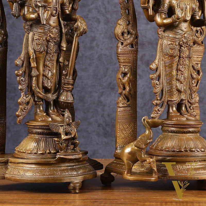 Antique Chola Style Pure Brass Lord Vishnu and Goddess Lakshmi Statues | 16 inch