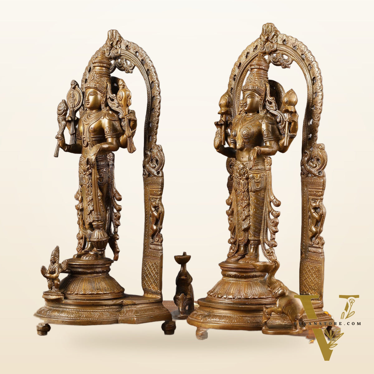 Antique Chola Style Pure Brass Lord Vishnu and Goddess Lakshmi Statues | 16 inch