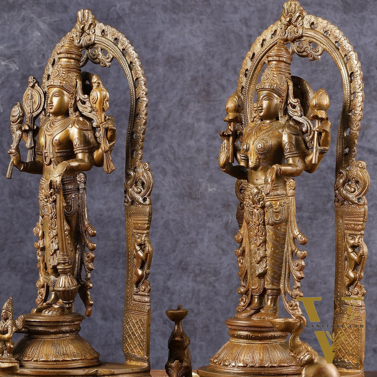 Antique Chola Style Pure Brass Lord Vishnu and Goddess Lakshmi Statues | 16 inch