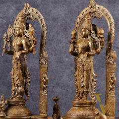 Antique Chola Style Pure Brass Lord Vishnu and Goddess Lakshmi Statues | 16 inch