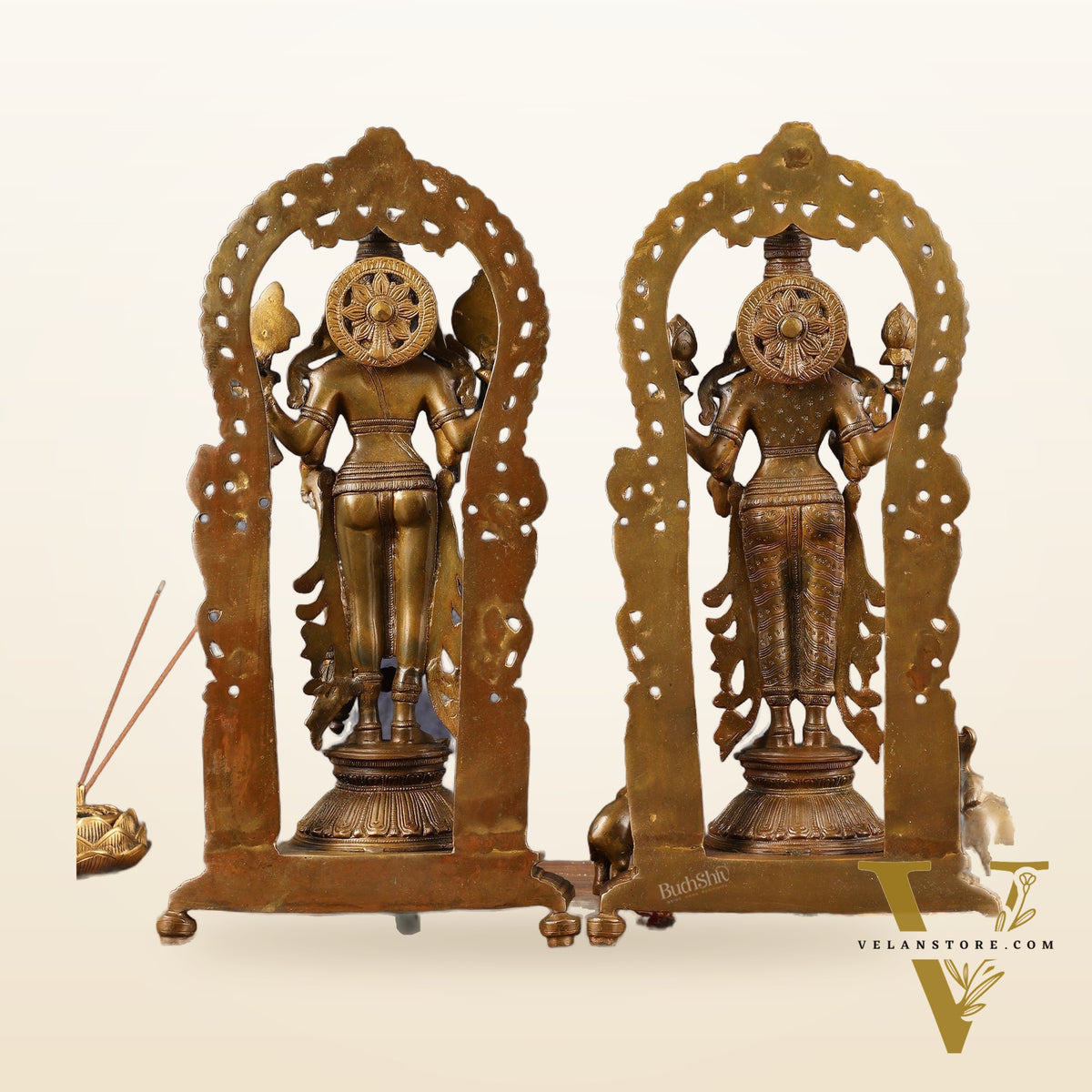 Antique Chola Style Pure Brass Lord Vishnu and Goddess Lakshmi Statues | 16 inch