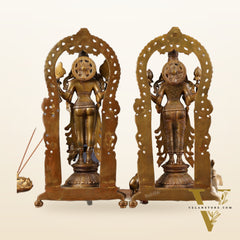 Antique Chola Style Pure Brass Lord Vishnu and Goddess Lakshmi Statues | 16 inch