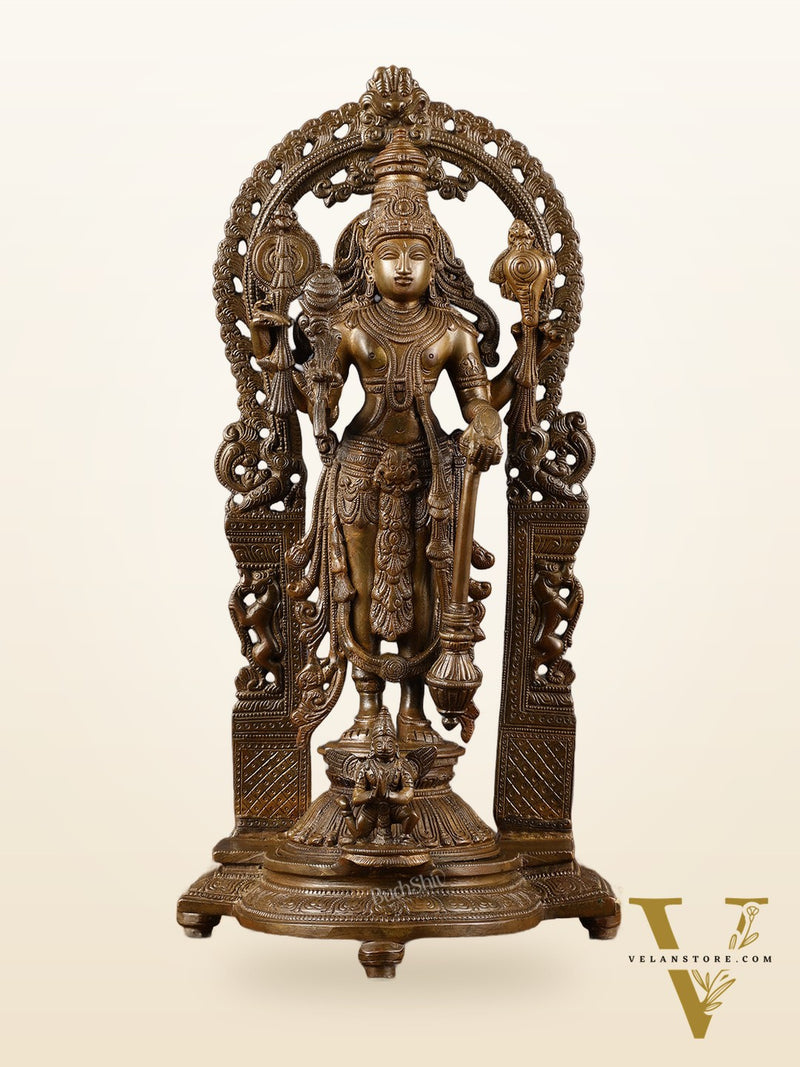 Antique Chola Style Pure Brass Lord Vishnu Statue with Garuda | 16 inches