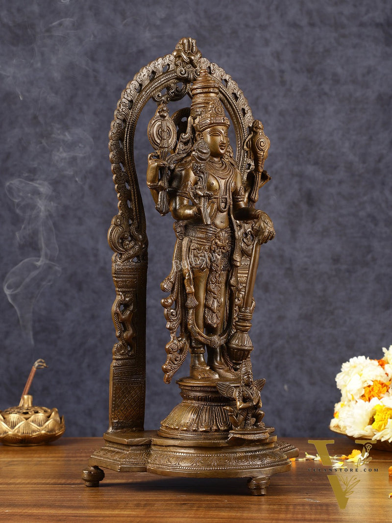 Antique Chola Style Pure Brass Lord Vishnu Statue with Garuda | 16 inches
