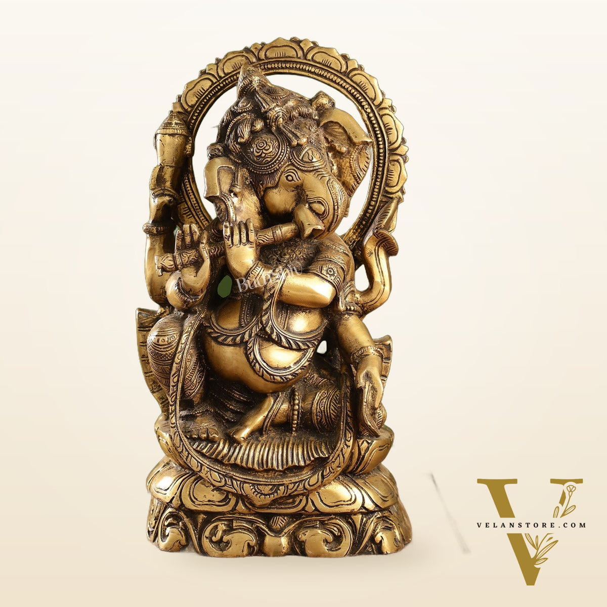Antique Finish Brass Unique Ganesha Statue Playing Flute | 13" Height