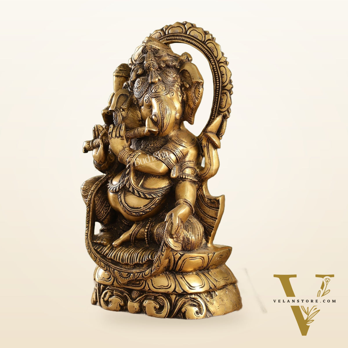 Antique Finish Brass Unique Ganesha Statue Playing Flute | 13" Height