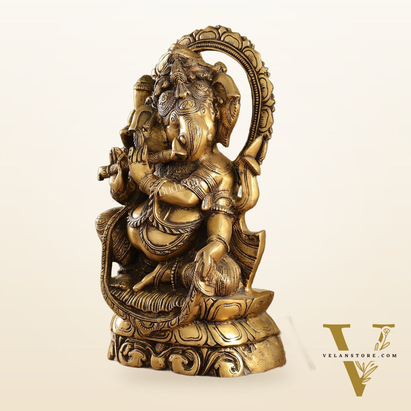 Antique Finish Brass Unique Ganesha Statue Playing Flute | 13" Height
