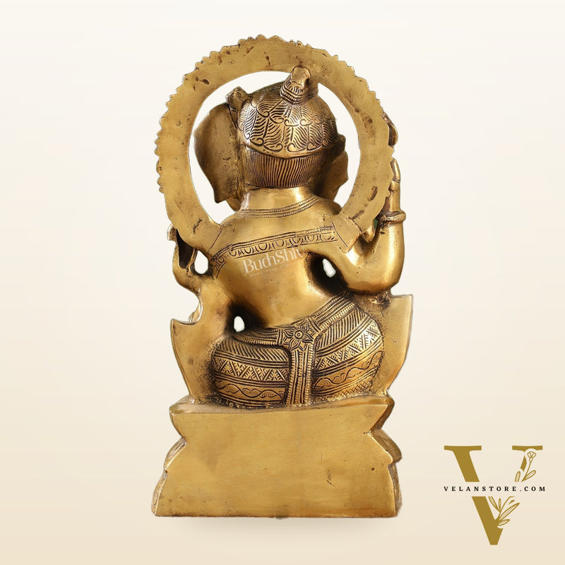 Antique Finish Brass Unique Ganesha Statue Playing Flute | 13" Height